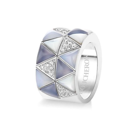 MARQUETERIE Ring set with blue chalcedonies and mother-of-pearl, paved with diamonds, on white gold.