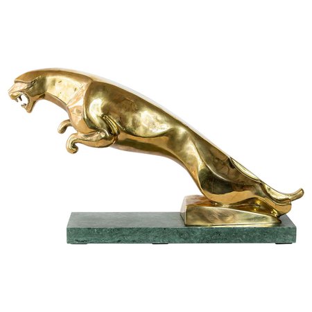 Jaguar Sculpture in Gilded Bronze on Marble Base