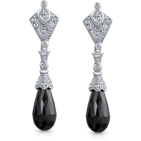925 Silver Black Briolette CZ Gatsby Inspired Drop Earrings