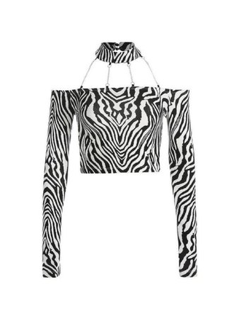 Long sleeve off the shoulder zebra print chained choker top
