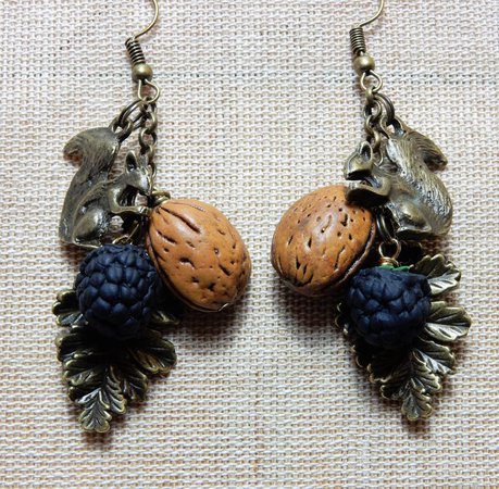 Squirrel earrings nut blackberries oak leaf animal | Etsy