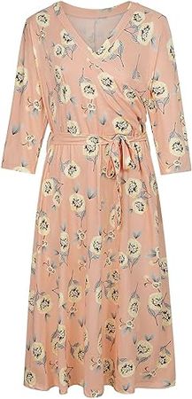 Pink Queen Women's Plus Size 3/4 Sleeve Faux Wrap Floral Dress with Belt at Amazon Women’s Clothing store