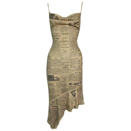*clipped by @luci-her* S/S 2001 John Galliano Semi-Sheer Gold News Print Slinky Knit Dress For Sale at 1stDibs