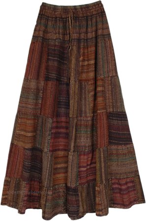 Striped Patchwork Gypsy Long Skirt in Earth Tones | Brown | Patchwork, Stonewash, Maxi-Skirt, Bohemian