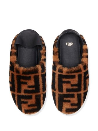 Shop brown & black Fendi shearling FF slippers with Express Delivery - Farfetch