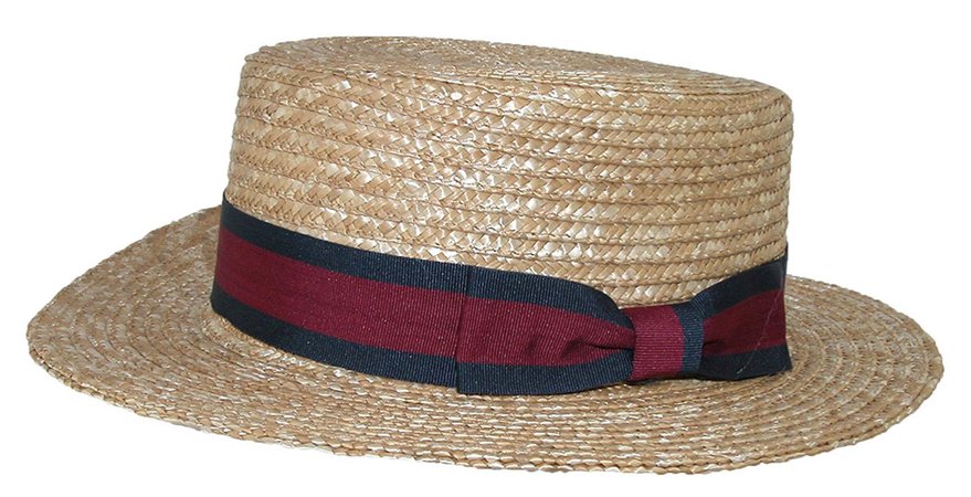 straw boater hat with navy and red ribbon