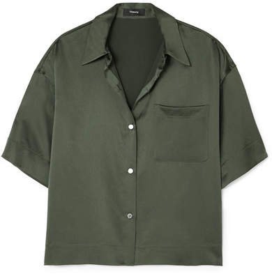 Cropped Washed-silk Shirt - Dark green