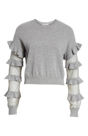 RED Valentino Ruffle Point d'Esprit Panel Wool Sweater Grey