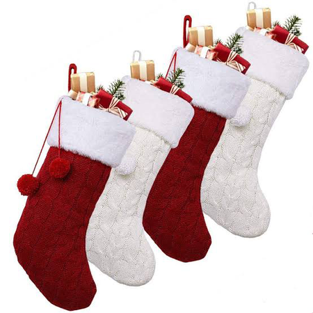 OurWarm 18" Christmas Stockings, 4pcs Cable Knit Christmas Stockings with Plush Faux Fur for Family Holiday Decorations, Large Knitted Rustic Xmas Stockings, Cream or Burgundy