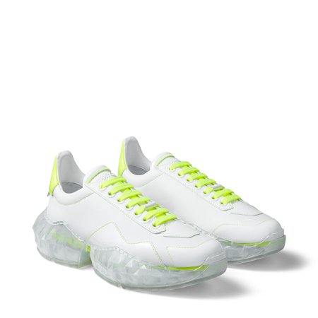 White Leather Low Top Trainers with Neon Yellow Trim | YK-DIAMOND/F | Spring Summer '20 | JIMMY CHOO