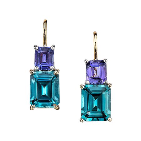 6 ct. t.w. Emerald Cut Blue Zircon, Tanzanite 18k Gold Lever Back Drop Earrings For Sale at 1stDibs