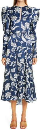 Floral Long Sleeve Silk Midi Dress