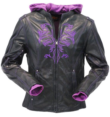 Women's Purple Embroidered Vented Motorcycle Jacket w/Hoodie