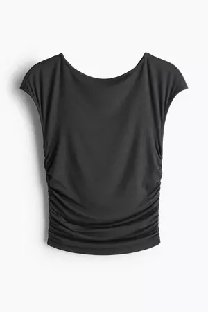 Gathered Cap-sleeved Top - Boat Neck - Short sleeve -Dark gray -Ladies | H&M US