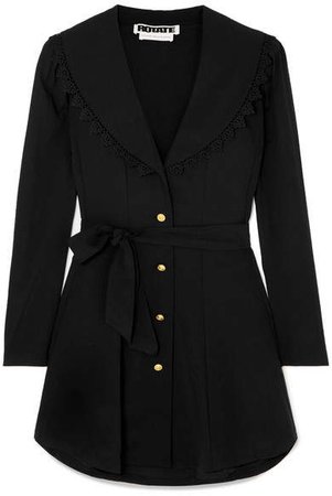 ROTATE Birger Christensen - Pleated Lace-trimmed Crepe Mini Dress - Black
