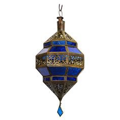 Handcrafted Moroccan Blue Glass Lantern, Metal Octagonal Diamond Shape