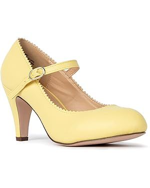Amazon.com | Mary Jane Kitten Heels, Vintage Retro Scallop Round Toe Shoe With An Adjustable Strap, 9 B(M) US, Lemon PU | Pumps
