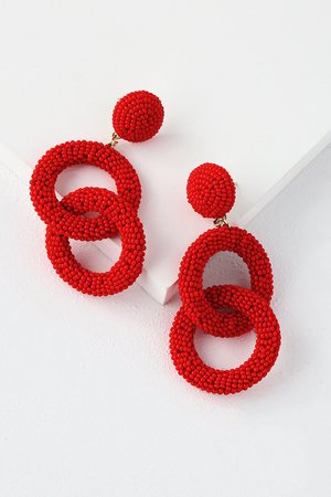Chic Red Earrings - Beaded Earrings - Beaded Statement Earrings