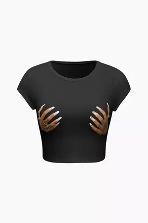 Hands Print Round Neck Crop T-shirt – Micas