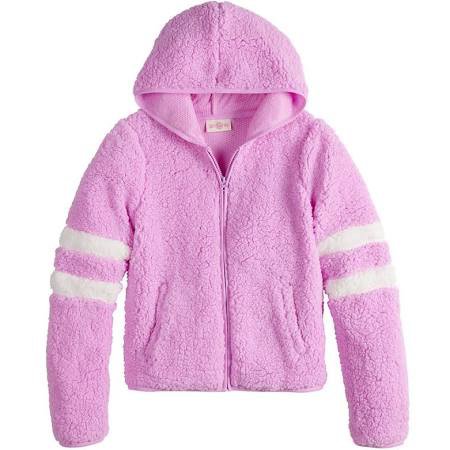 Girls 7-16 & Plus Size SO Varsity Sherpa Hooded Jacket, Size: 10, Lt Purple