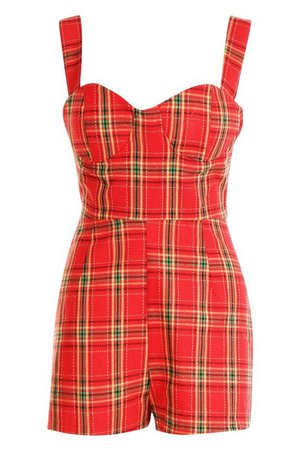 Tartan Check Moulded Cup Sweetheart Romper | Boohoo