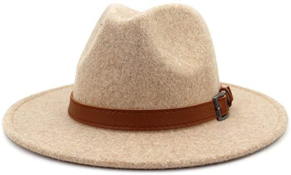 Gossifan Classic Wool Fedora Hats Wide Brim Belt Buckle for Women & Men-C Belt Beige at Amazon Women’s Clothing store