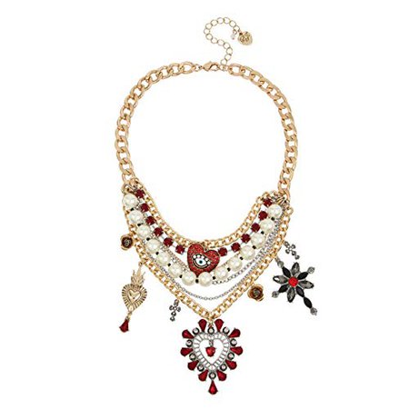 Betsey Johnson Heart Mixed Charm Frontal Necklace, Red, One Size: Clothing