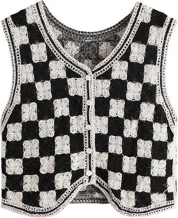 Verdusa Women's Button Front V Neck Sleeveless Checkered Knit Sweater Vest Black and White S at Amazon Women’s Clothing store
