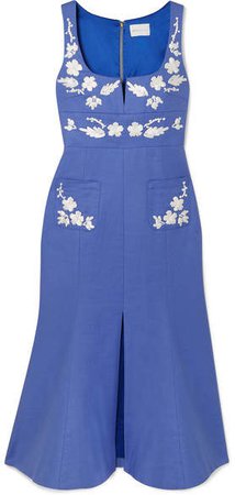 Pastime Paradise Embroidered Cotton Midi Dress - Blue