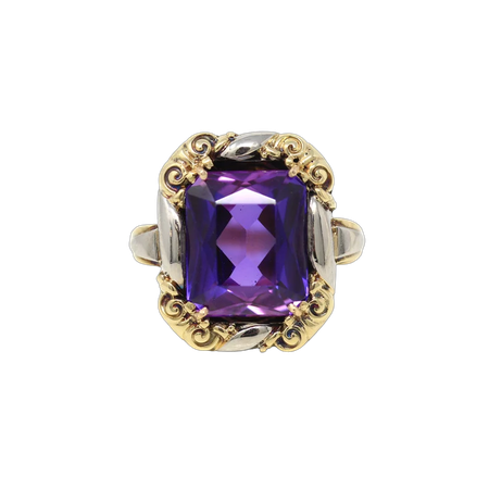 Color Change Ring - 14k Yellow White Gold 7.02 CT Created Purple Sapphire Statement - Vintage 1940s Retro Size 8 Violet Stone Fine Jewelry