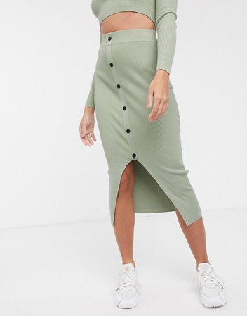 Missguided co-ord knitted midi skirt with contrast bottons in sage | ASOS