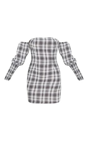 Grey Check Long Sleeve Bardot Bodycon Dress | PrettyLittleThing USA