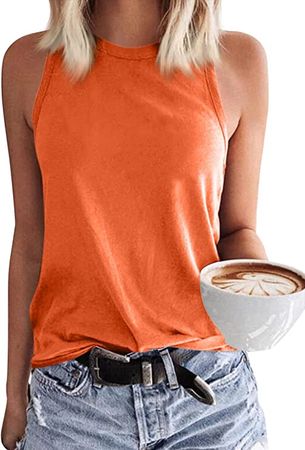 Langwyqu Womens Crewneck Sleeveless Tank Tops Summer Casual Loose Fit Basic Shirts Orange at Amazon Women’s Clothing store