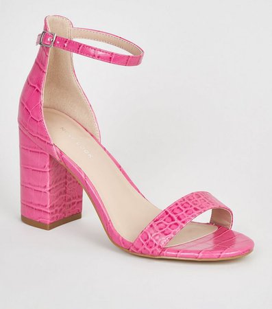 Bright Pink Faux Croc Block Heel Sandals | New Look