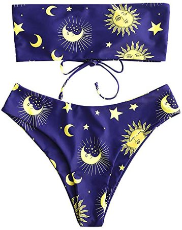 Amazon.com: ZAFUL Women's Dinosaur Lace Up Bandeau Strapless Bikini Two-Pieces Swimwear (Sun Moon-Blue, L): Clothing