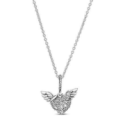PANDORA Pavé Heart & Angel Wings Necklace CZ Sterling Silver | Gemstone Necklaces | Necklaces | Jewelry | Jared