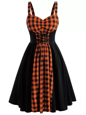 Orange 1950s Plaid Strap Swing Dress – Retro Stage - Chic Vintage Dresses and Accessories