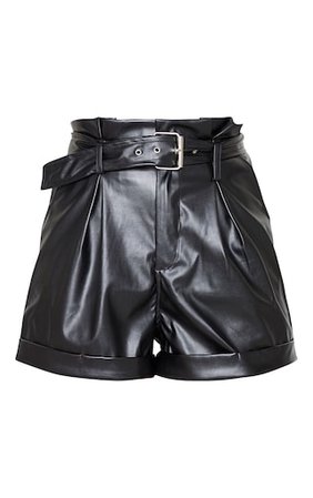 Black Belted Faux Leather Turn Up Hem Shorts | PrettyLittleThing USA