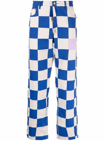 blue and white checkered pants