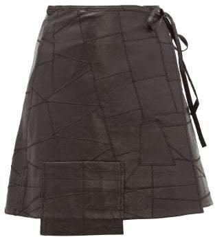 Patchwork Leather Wrap Skirt - Womens - Black