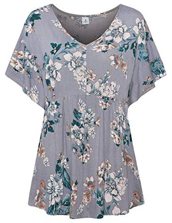 FANSIC Women Floral Print Tops, Casual Short Sleeve Empire Waist Babydoll V Neck Tunic Blouses at Amazon Women’s Clothing store: