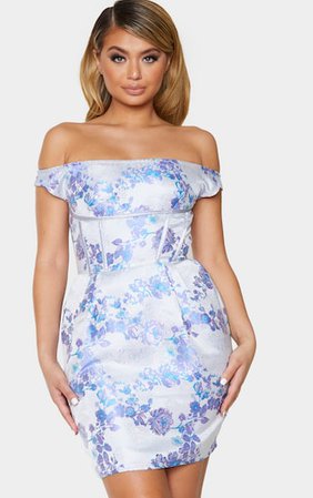 Lilac Bardot Jacquard Floral Bodycon Dress | PrettyLittleThing