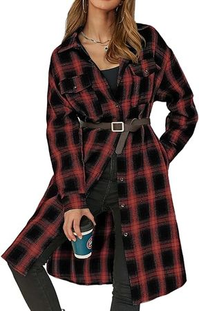 HOTOUCH Long Flannel Shirts for Women Shoulder Drop Plaid Coat Oversized Button Down Shacket Jackets with Pocket S-XXL at Amazon Women’s Clothing store