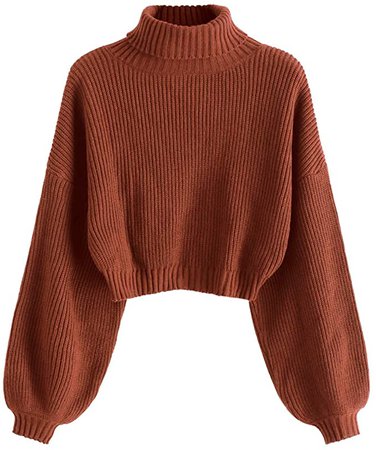 ZAFUL Women's High Neck Lantern Sleeve Ribbed Knit Pullover Crop Sweater Jumper (A-Red, L) at Amazon Women’s Clothing store