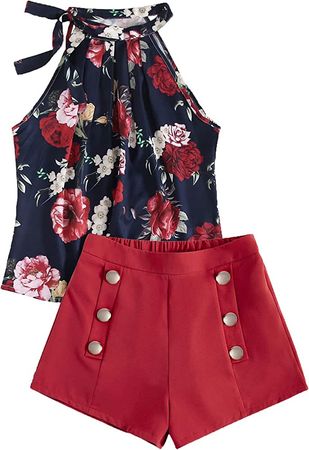 Amazon.com: SweatyRocks Women's Floral Printed Summer Romper Boho Beach 2 Piece Outfits Top with Shorts Red M : Clothing, Shoes & Jewelry