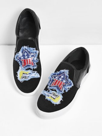 Star & Guitar Patch Slip On Sneakers