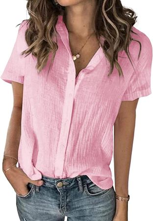 Karlywindow Womens Short Sleeve Button Down Cotton Linen Shirt Blouse Loose Fit Summer V-Neck Tops Z-Pink at Amazon Women’s Clothing store