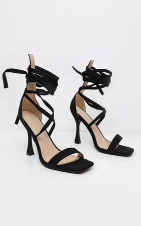 Black Square Toe Asymmetric Heel Strappy Sandal | PrettyLittleThing USA