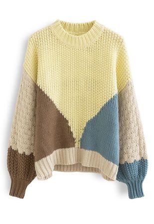 Color Block Hand-Knit Chunky Sweater in Yellow - Retro, Indie and Unique Fashion