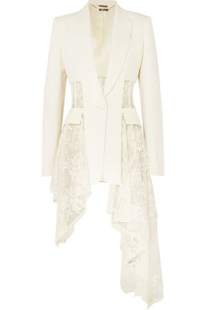 Alexander McQueen | Asymmetric wool-blend crepe and lace blazer | NET-A-PORTER.COM